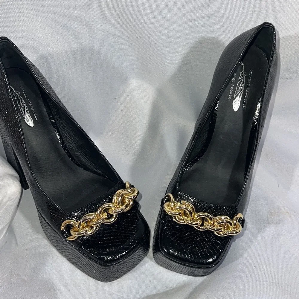 JEFFREY CAMPBELL CASEY CHAIN PLATFORM HEELS IN BLACK SNAKE SIZE 8